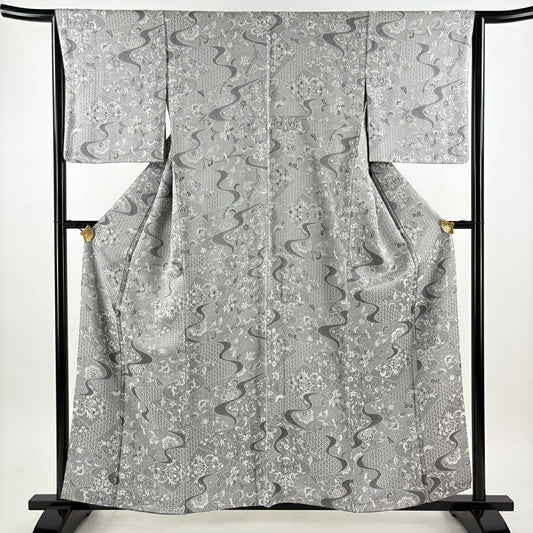 【美品】 小紋 身長158.5cm 袖長65cm M 雙層 草花紋 紋意匠 灰色 純蠶絲 名品級