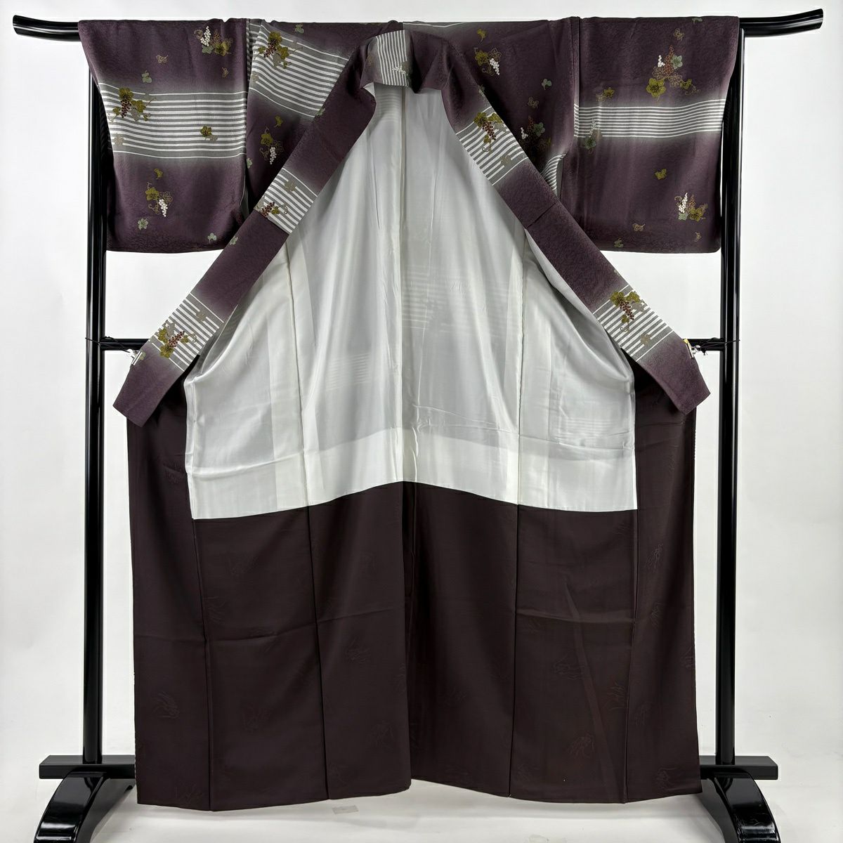 小紋 身長163.5cm 袖長69.5cm L 雙層 千地泰弘 落款 葡萄 縞 金銀彩 漸層 紫 純蠶絲 名品級