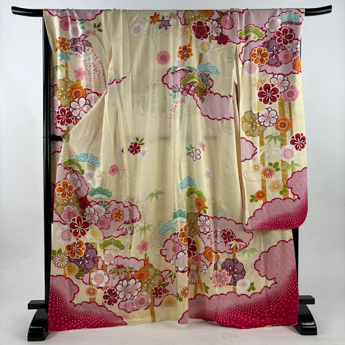 【美品】振袖禮服 身長168cm 袖長72.5cm L 雙層 松樹竹子梅花 雲文 金絲 金銀彩 奶油色 純蠶絲 名品級