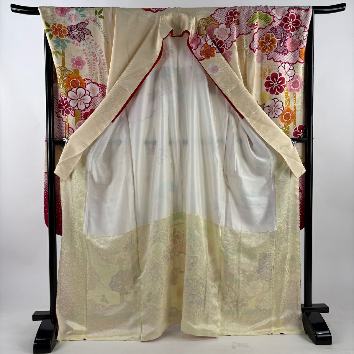 【美品】振袖禮服 身長168cm 袖長72.5cm L 雙層 松樹竹子梅花 雲文 金絲 金銀彩 奶油色 純蠶絲 名品級