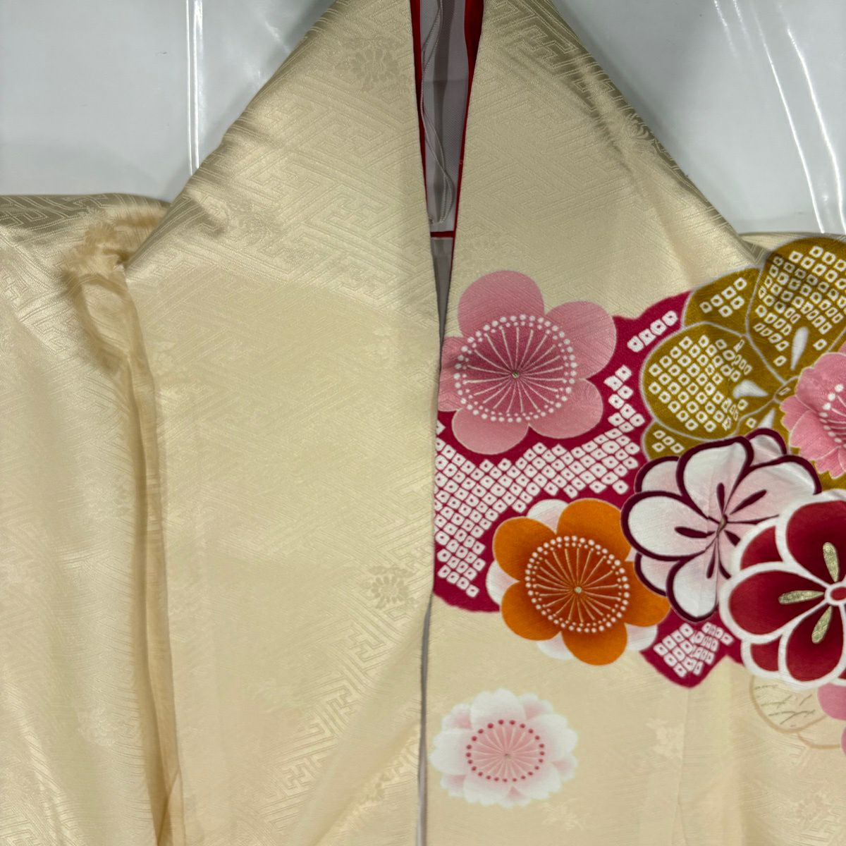 【美品】振袖禮服 身長168cm 袖長72.5cm L 雙層 松樹竹子梅花 雲文 金絲 金銀彩 奶油色 純蠶絲 名品級