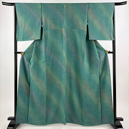 【美品】 小紋 身長163cm 袖長65.5cm M 雙層 墨流し 斜紋 漸層 綠 純蠶絲 名品級 一つ紋