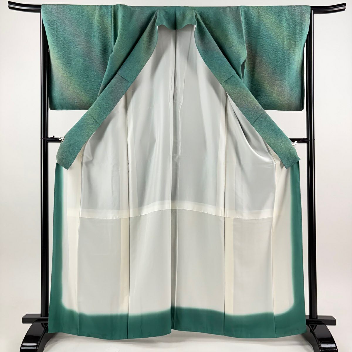 【美品】 小紋 身長163cm 袖長65.5cm M 雙層 墨流し 斜紋 漸層 綠 純蠶絲 名品級 一つ紋