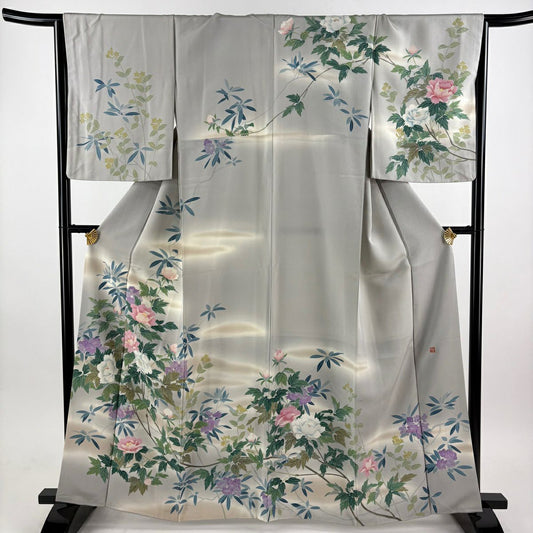 訪問服 身長163.5cm 袖長65.5cm M 雙層 落款あり 牡丹 草花紋紋 漸層 灰色 純蠶絲 名品級