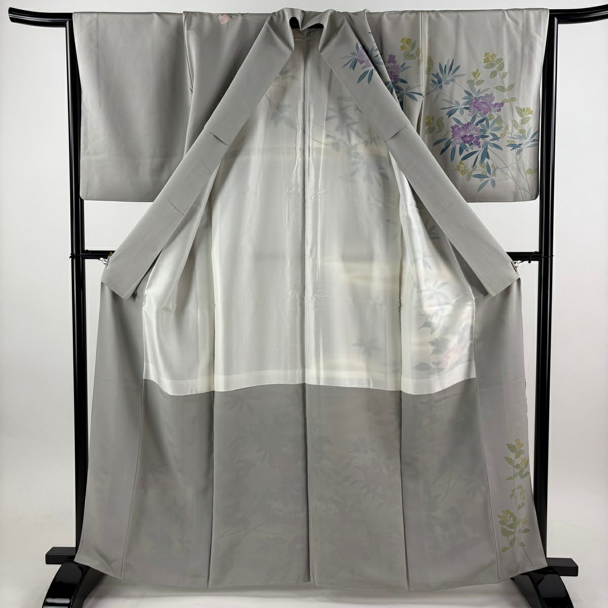 訪問服 身長163.5cm 袖長65.5cm M 雙層 落款あり 牡丹 草花紋紋 漸層 灰色 純蠶絲 名品級