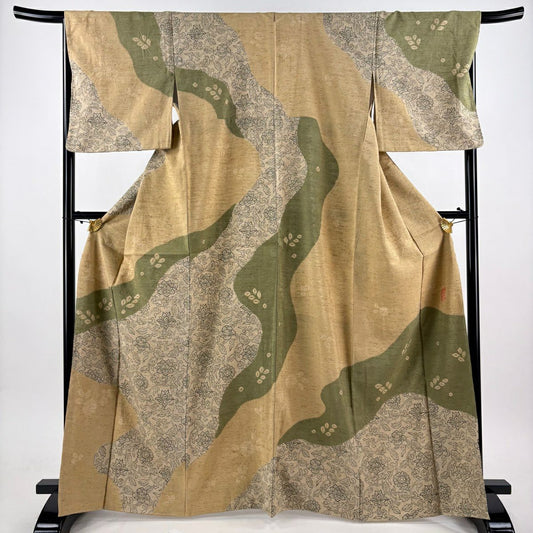 【美品】訪問服 身長166cm 袖長67.5cm L 雙層 古代草木染 蕨紬織 紬織織 花唐草紋 草花紋紋 絞染 染分 薄茶 純蠶絲 名品級