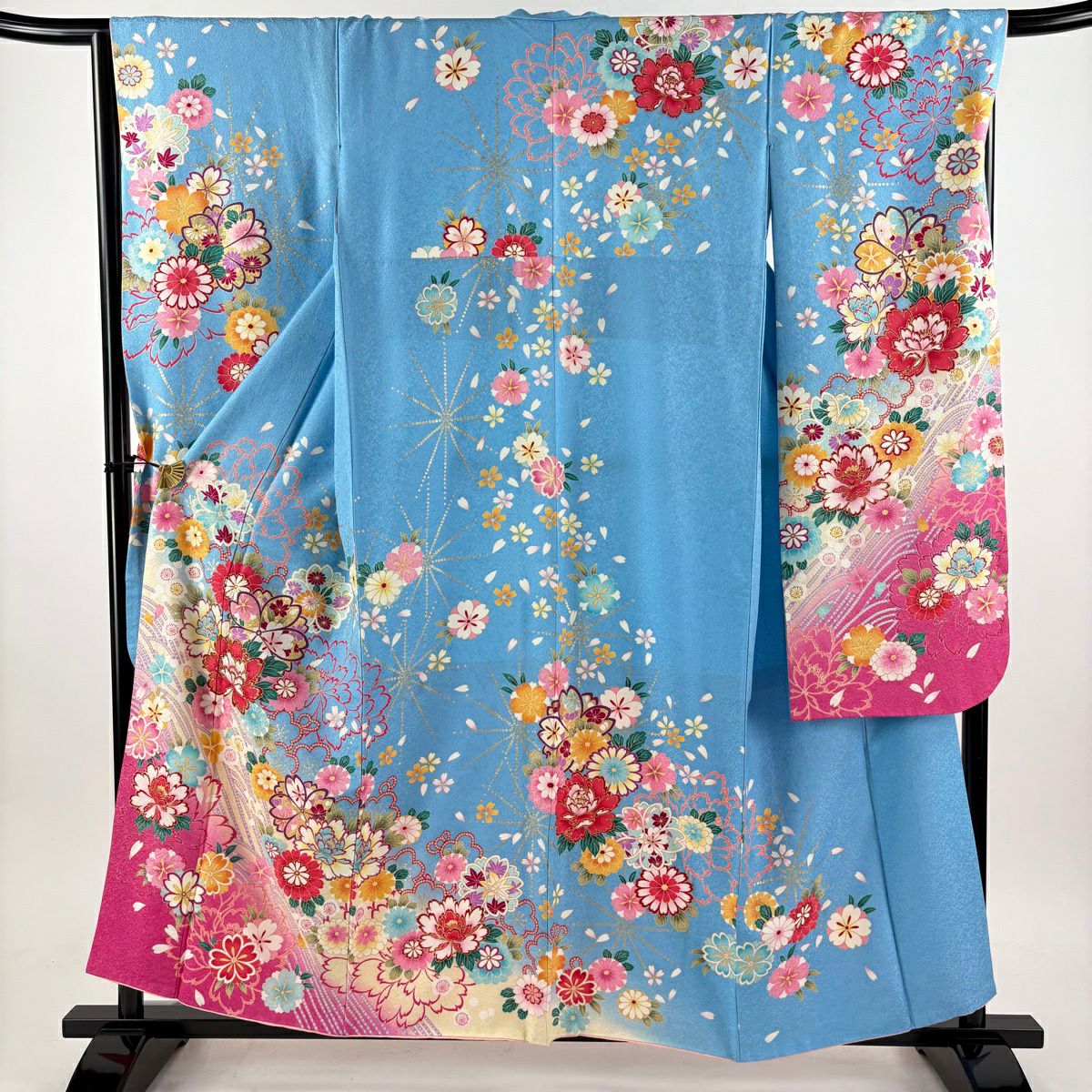 振袖禮服 身長156cm 袖長66.5cm M 雙層 牡丹 櫻花 刺繡 銀通 水色 純蠶絲 名品級