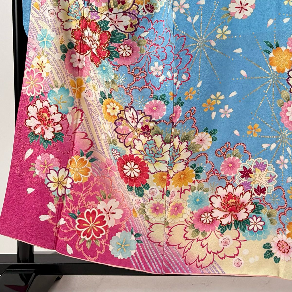 振袖禮服 身長156cm 袖長66.5cm M 雙層 牡丹 櫻花 刺繡 銀通 水色 純蠶絲 名品級