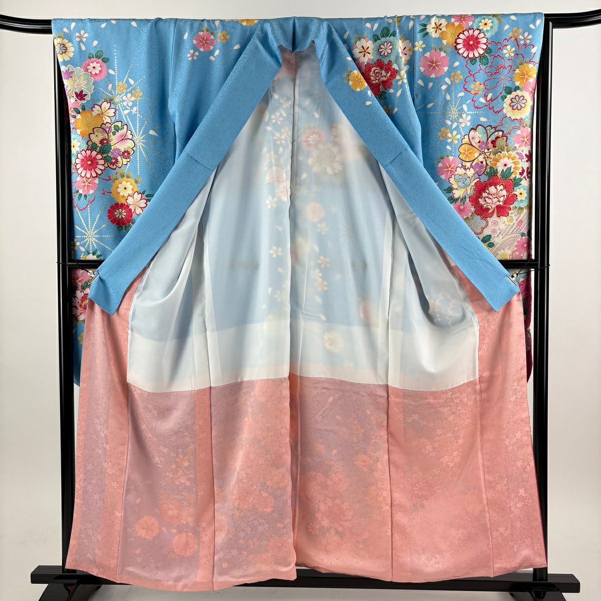 振袖禮服 身長156cm 袖長66.5cm M 雙層 牡丹 櫻花 刺繡 銀通 水色 純蠶絲 名品級