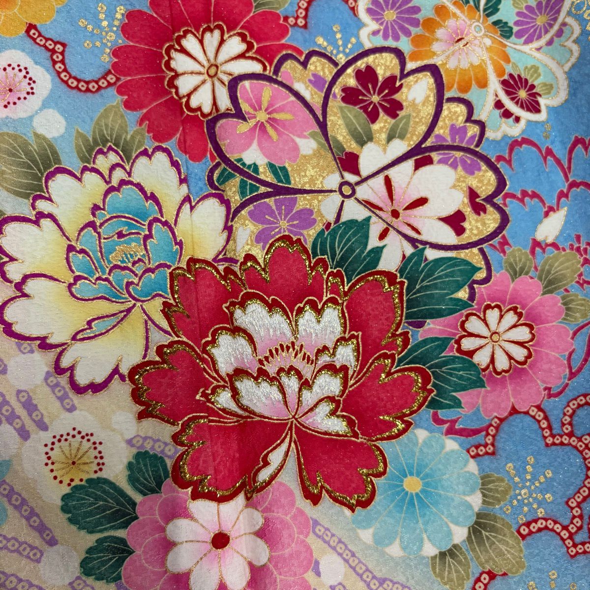 振袖禮服 身長156cm 袖長66.5cm M 雙層 牡丹 櫻花 刺繡 銀通 水色 純蠶絲 名品級
