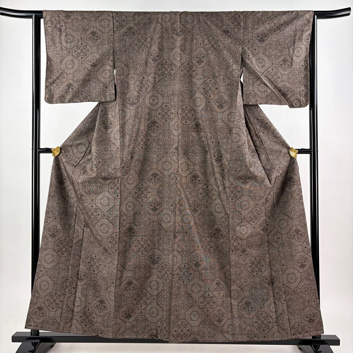 【美品】 紬織 身長159cm 袖長63.5cm S 雙層 蜀江華紋 焦茶 純蠶絲 名品級