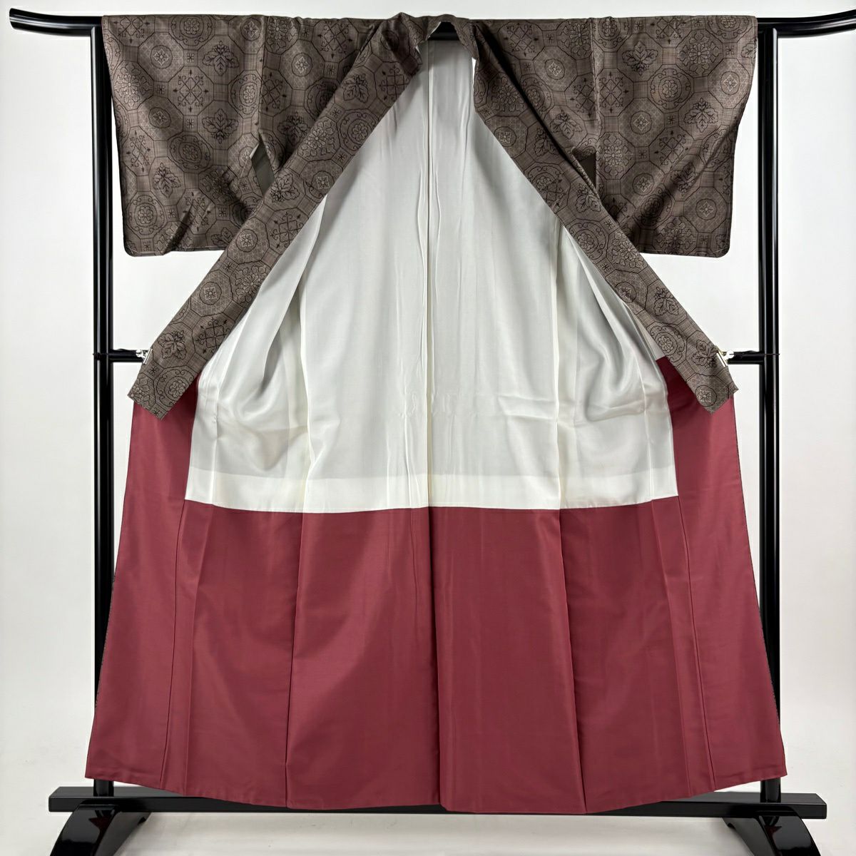 【美品】 紬織 身長159cm 袖長63.5cm S 雙層 蜀江華紋 焦茶 純蠶絲 名品級
