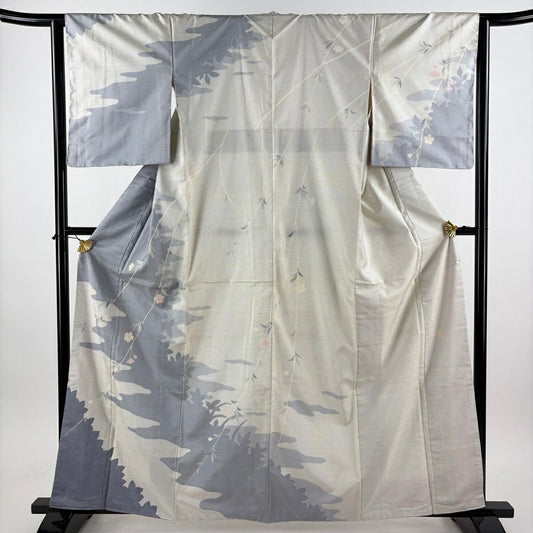 【美品】訪問服 身長161.5cm 袖長63.5cm S 雙層 大島紬織地 落款あり 證書あり 櫻花 霞 金銀彩 灰白 純蠶絲 名品級