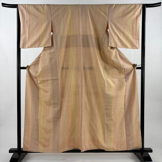 【美品】 紬織 身長160.5cm 袖長64.5cm M 雙層 垂直條紋 淺橙色 純蠶絲 名品級