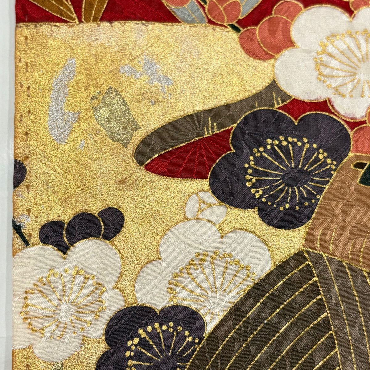 振袖禮服 身長158cm 袖長64.5cm M 雙層 松樹竹子梅花 橋 金銀彩 紅 純蠶絲 名品級