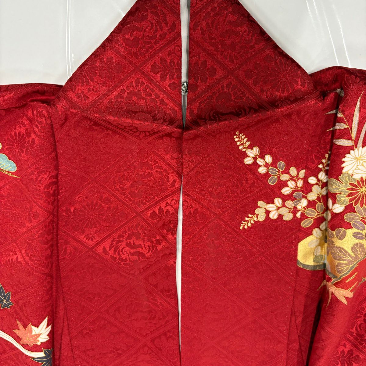 振袖禮服 身長158cm 袖長64.5cm M 雙層 松樹竹子梅花 橋 金銀彩 紅 純蠶絲 名品級