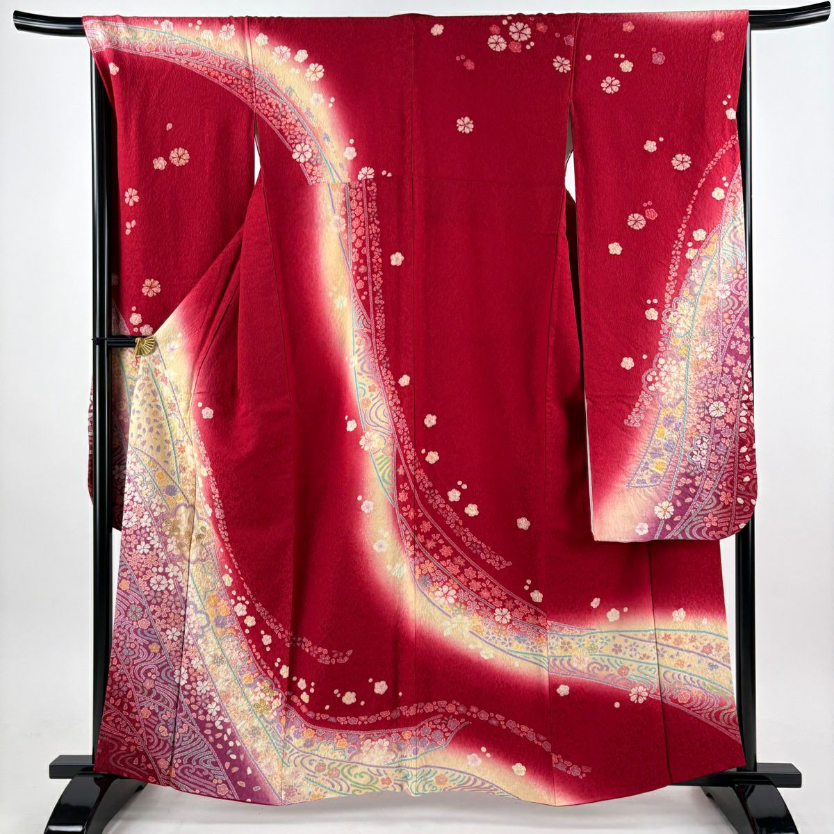 振袖禮服 身長159.5cm 袖長67.5cm L 雙層 櫻花 流水 金絲 絞染 紅 純蠶絲 名品級