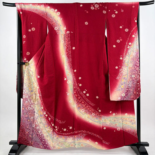 振袖禮服 身長159.5cm 袖長67.5cm L 雙層 櫻花 流水 金絲 絞染 紅 純蠶絲 名品級