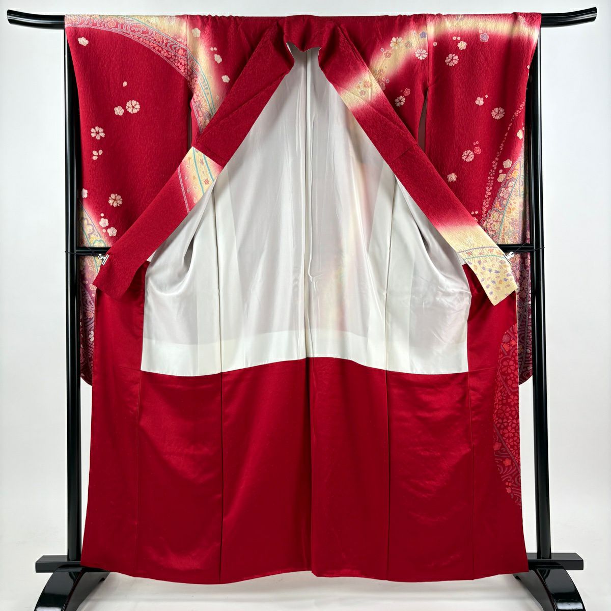 振袖禮服 身長159.5cm 袖長67.5cm L 雙層 櫻花 流水 金絲 絞染 紅 純蠶絲 名品級