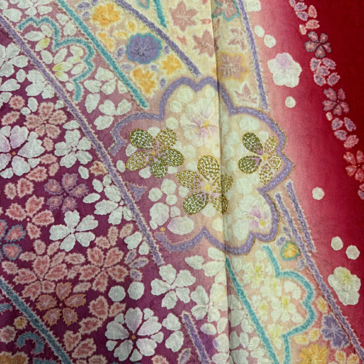 振袖禮服 身長159.5cm 袖長67.5cm L 雙層 櫻花 流水 金絲 絞染 紅 純蠶絲 名品級