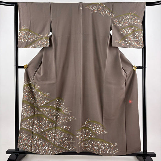 訪問服 身長157cm 袖長65cm M 雙層 花井幸子 落款あり 枝梅花 金絲 金銀彩 灰茶 純蠶絲 名品級 一つ紋