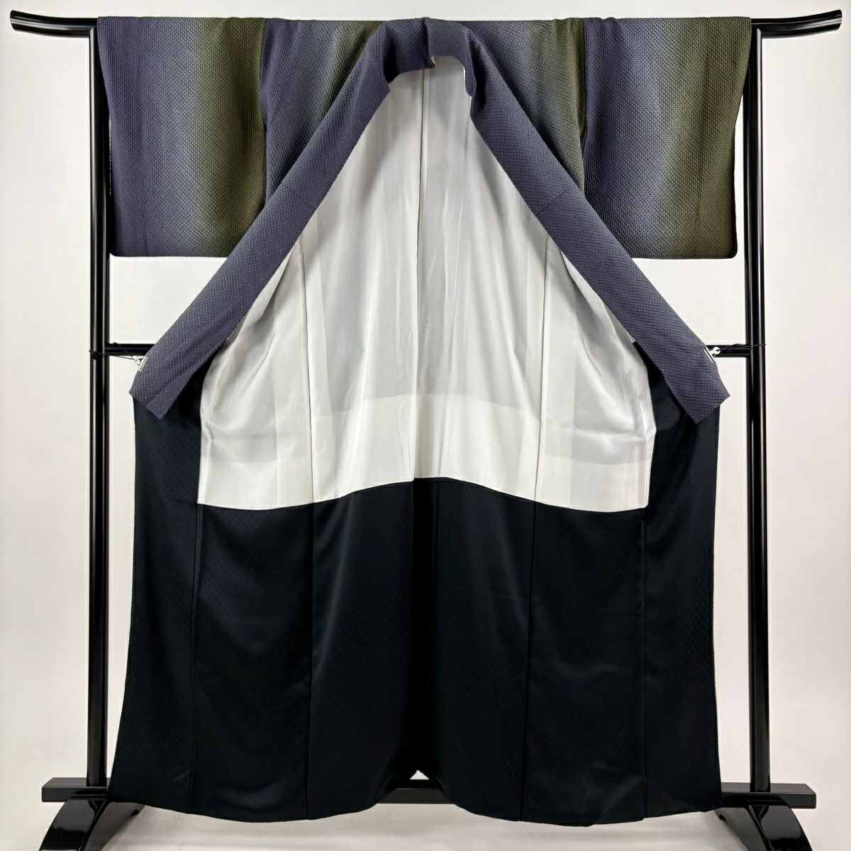 【美品】 小紋 身長159cm 袖長65cm M 雙層 附披肩 絞染 縱向漸變 深藍 純蠶絲 名品級