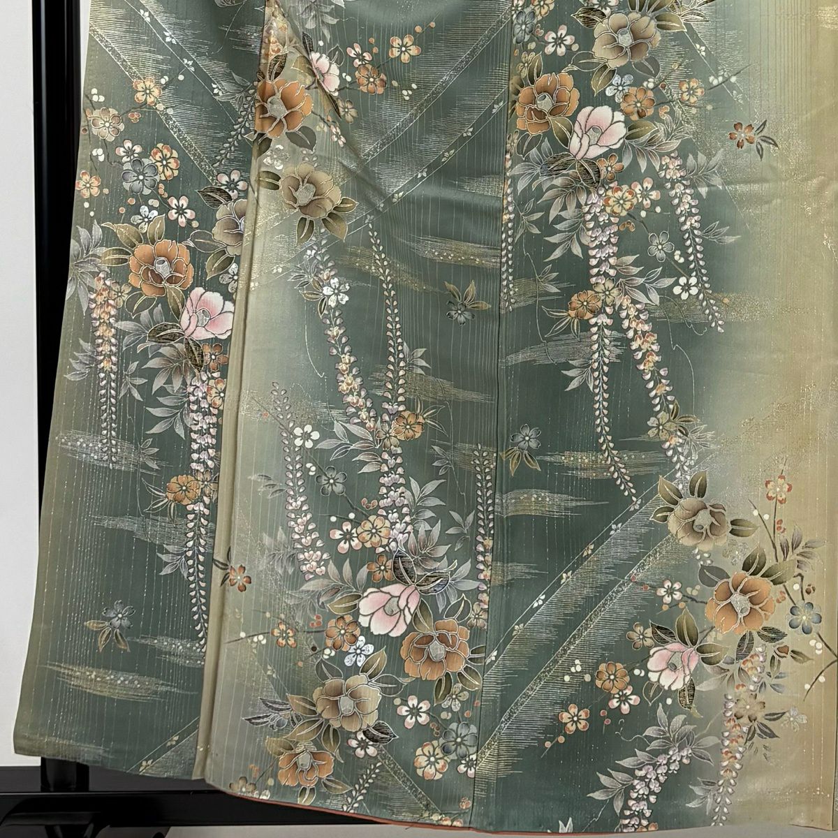 小紋 身長160cm 袖長65.5cm M 雙層 大和 椿 枝梅花 金銀彩 銀通 灰綠 純蠶絲 秀品級