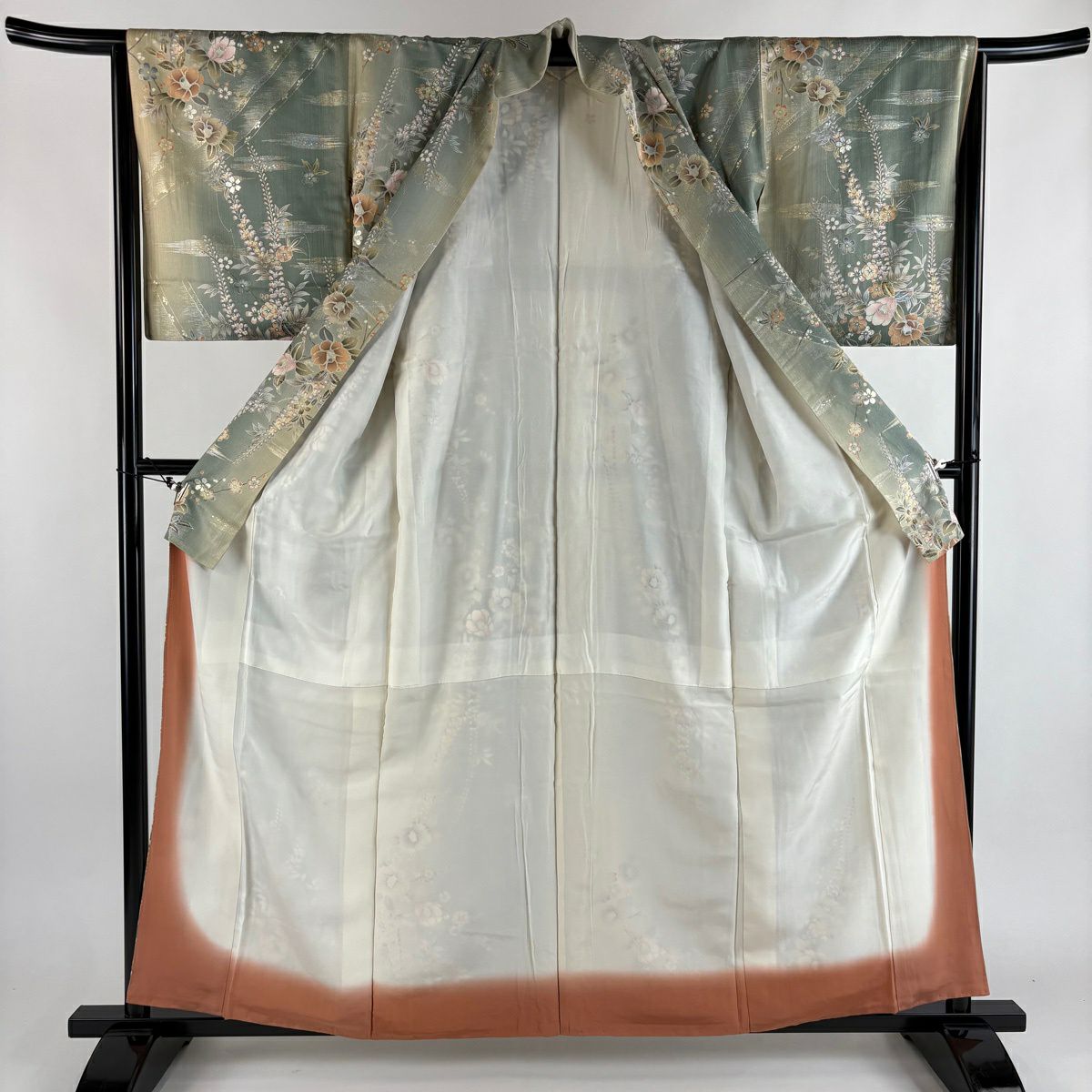 小紋 身長160cm 袖長65.5cm M 雙層 大和 椿 枝梅花 金銀彩 銀通 灰綠 純蠶絲 秀品級