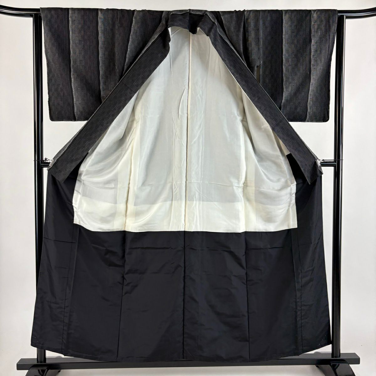 【美品】 紬織 身長157cm 袖長65cm M 雙層 條紋 黑 純蠶絲 優品級