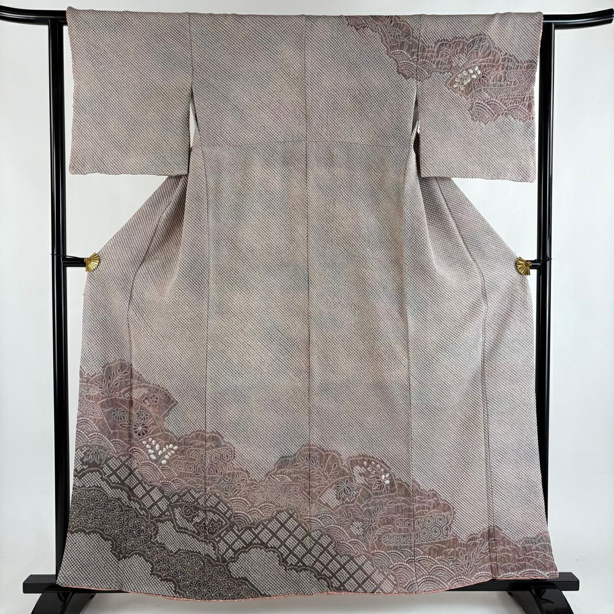 訪問服 身長157.5cm 袖長62.5cm S 雙層 扇子面 青海波 總絞染 薄小豆 純蠶絲 秀品級