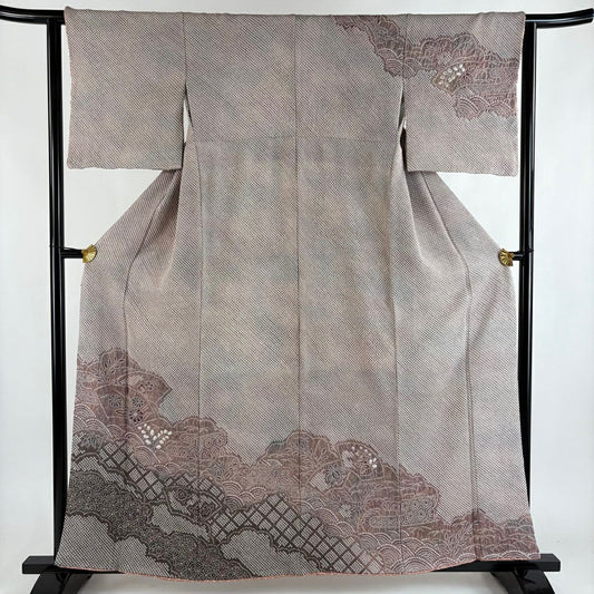 訪問服 身長157.5cm 袖長62.5cm S 雙層 扇子面 青海波 總絞染 薄小豆 純蠶絲 秀品級
