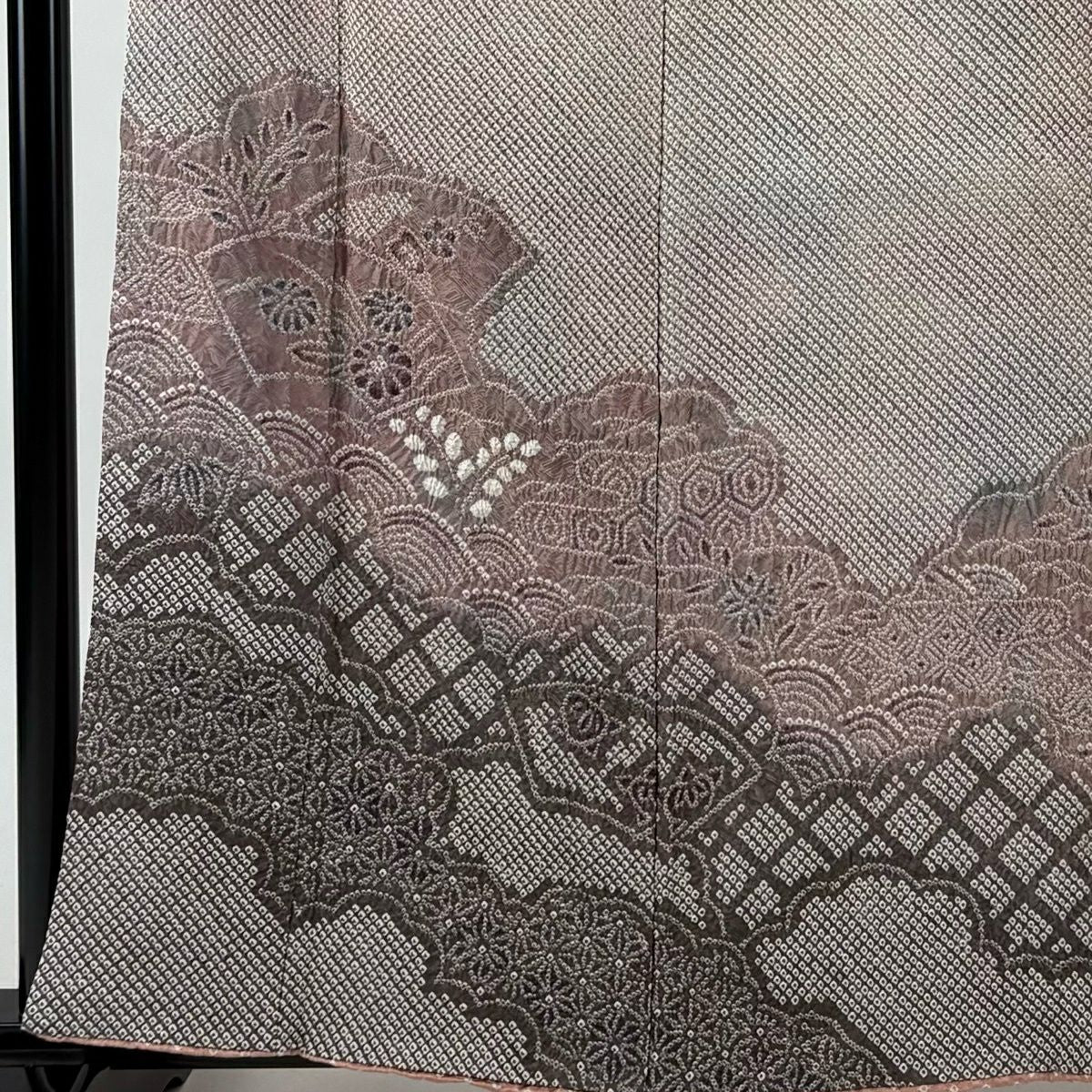 訪問服 身長157.5cm 袖長62.5cm S 雙層 扇子面 青海波 總絞染 薄小豆 純蠶絲 秀品級
