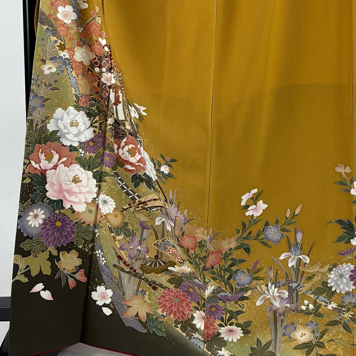 振袖禮服 身長166cm 袖長66cm M 雙層 御所車 金絲 金銀彩 山吹 純蠶絲 秀品級