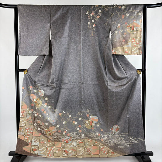 訪問服 身長161cm 袖長63cm S 雙層 雪輪 草花紋 金絲 金銀彩 灰紫 純蠶絲 秀品級