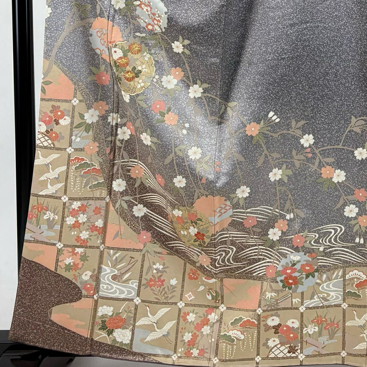 訪問服 身長161cm 袖長63cm S 雙層 雪輪 草花紋 金絲 金銀彩 灰紫 純蠶絲 秀品級