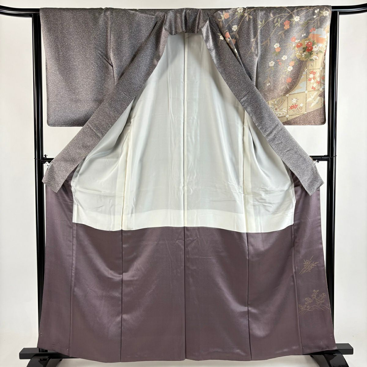 訪問服 身長161cm 袖長63cm S 雙層 雪輪 草花紋 金絲 金銀彩 灰紫 純蠶絲 秀品級