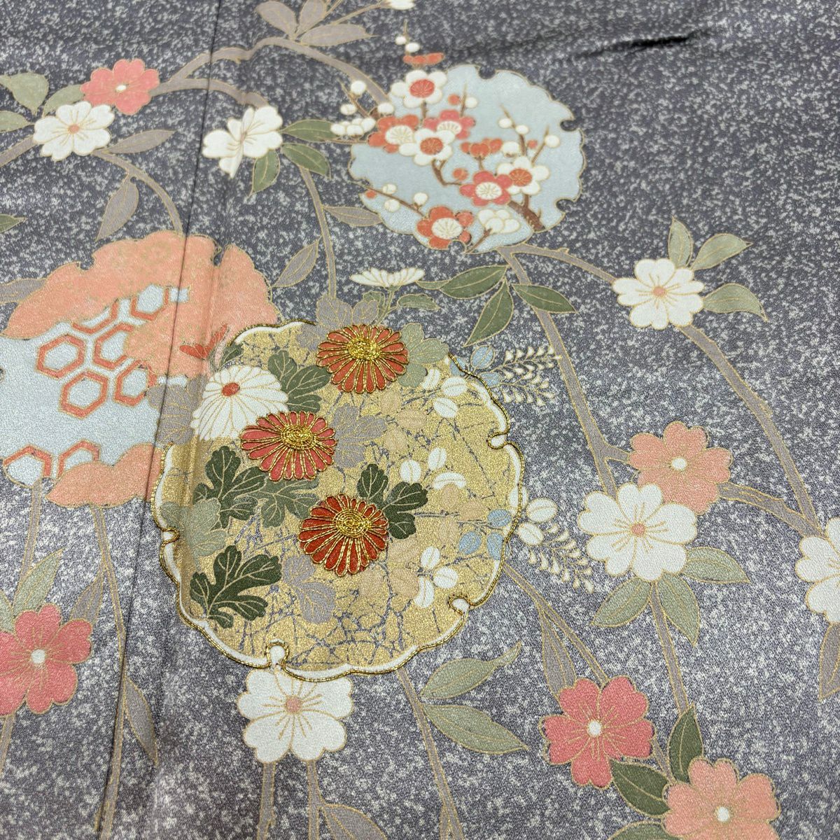 訪問服 身長161cm 袖長63cm S 雙層 雪輪 草花紋 金絲 金銀彩 灰紫 純蠶絲 秀品級