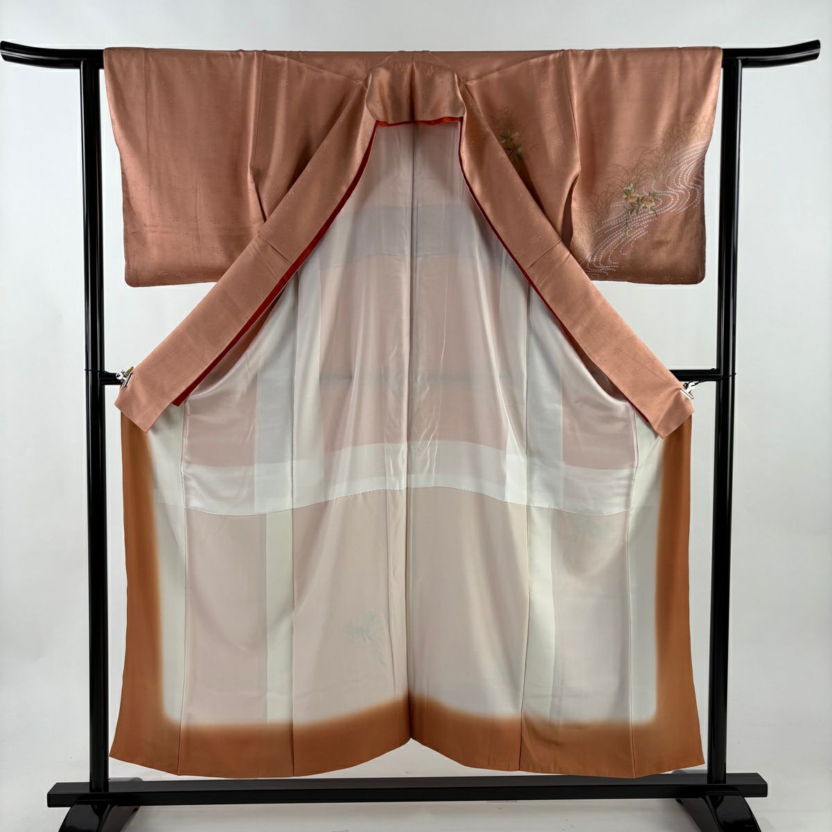 訪問服 身長153cm 袖長63cm S 雙層 草花紋紋 流水 金糸刺繡 粉紅 純蠶絲 秀品級
