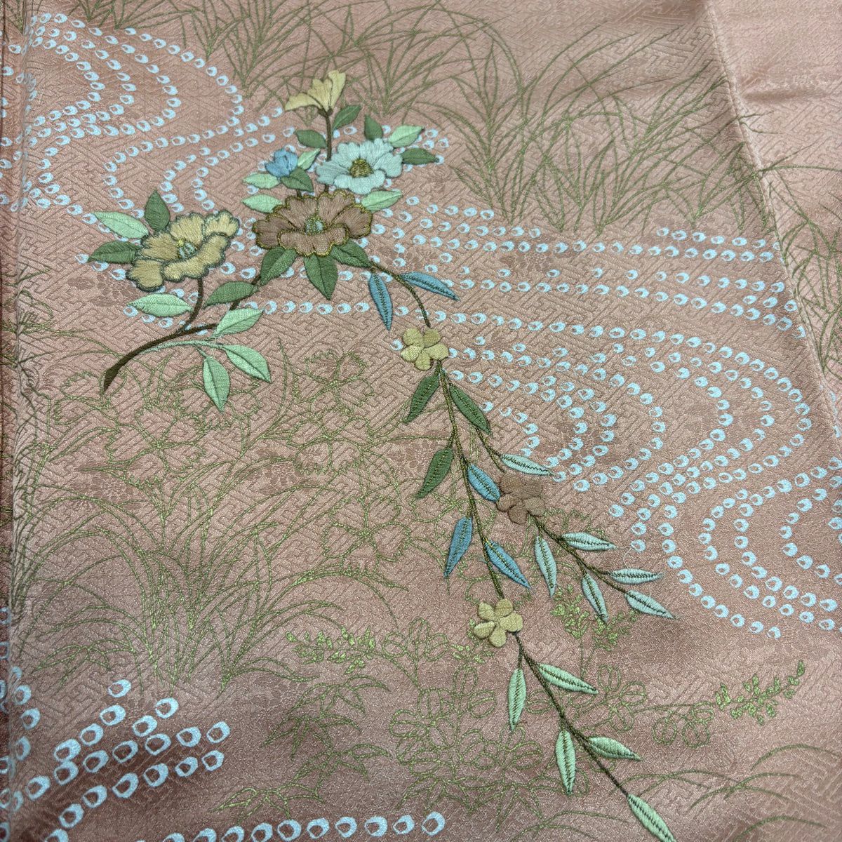 訪問服 身長153cm 袖長63cm S 雙層 草花紋紋 流水 金糸刺繡 粉紅 純蠶絲 秀品級