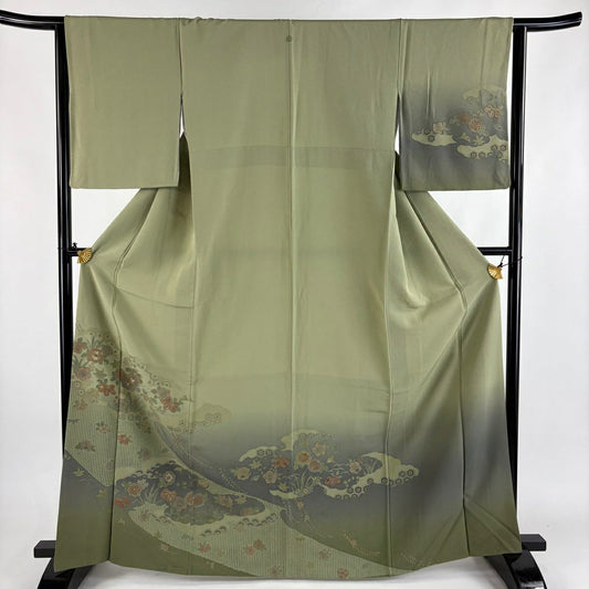 訪問服 身長164.5cm 袖長63cm S 雙層 草花紋紋 雲文 刺繡 金糸 艾草色 純蠶絲 秀品級 一つ紋
