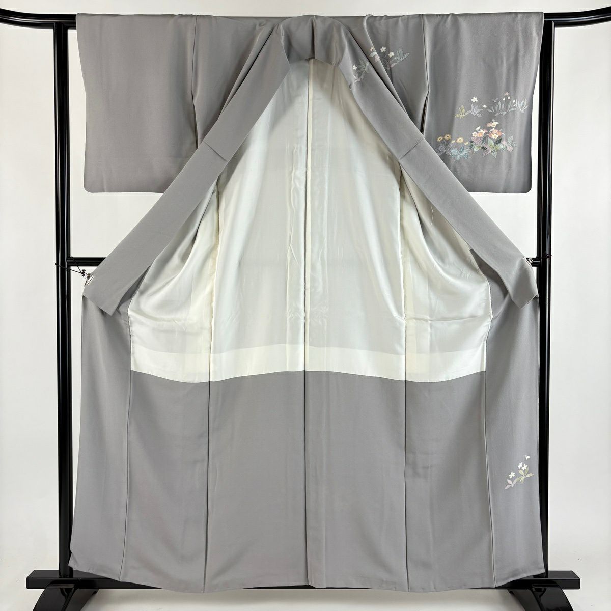 訪問服 身長158cm 袖長62cm S 雙層 落款 草花紋紋 漸層 灰色 純蠶絲 秀品級