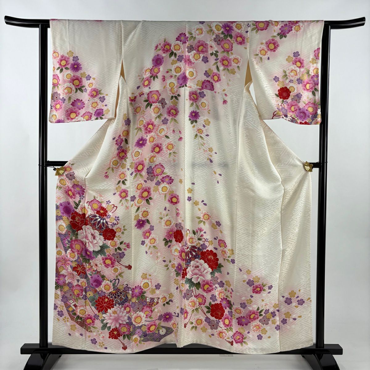【美品】訪問服 身長157cm 袖長63.5cm S 雙層 鞠 草花紋紋 金金箔 刺繡 奶油色 純蠶絲 優品級