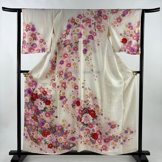 【美品】訪問服 身長157cm 袖長63.5cm S 雙層 鞠 草花紋紋 金金箔 刺繡 奶油色 純蠶絲 優品級