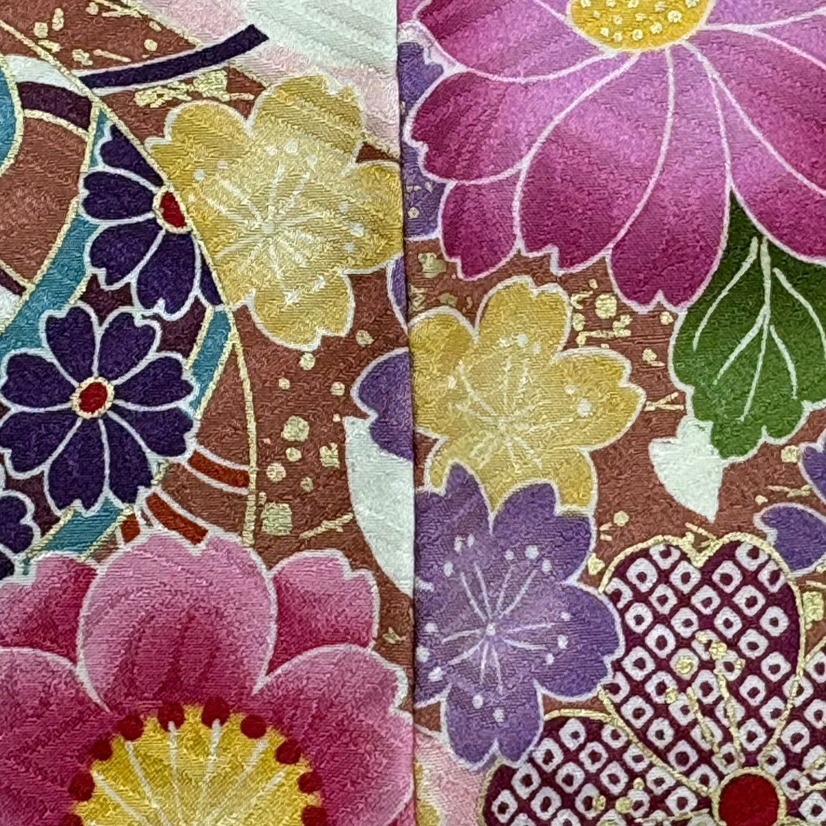 【美品】訪問服 身長157cm 袖長63.5cm S 雙層 鞠 草花紋紋 金金箔 刺繡 奶油色 純蠶絲 優品級