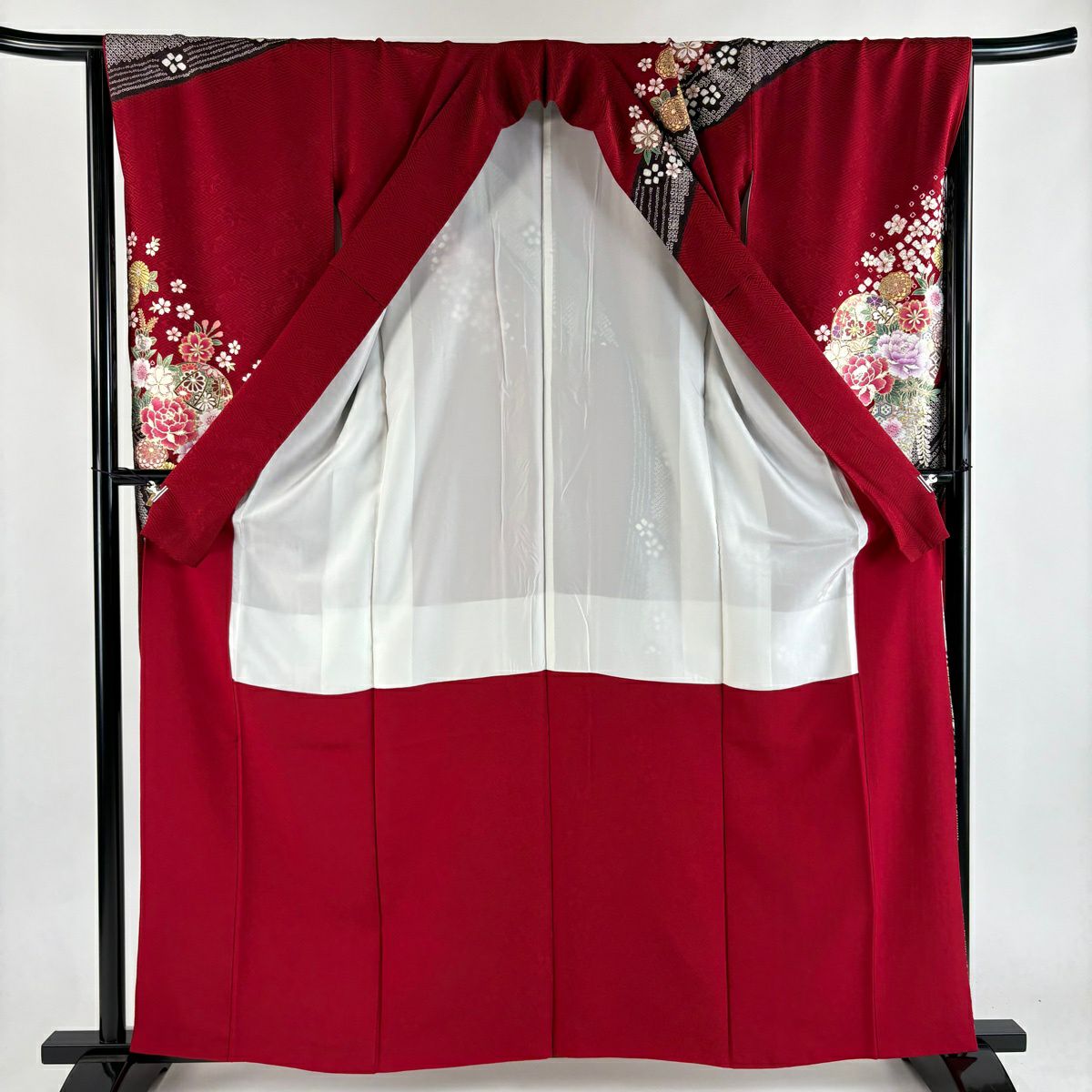 振袖禮服 身長160cm 袖長64.5cm M 雙層 鞠 草花紋 金絲 金銀彩 紅 純蠶絲 秀品級