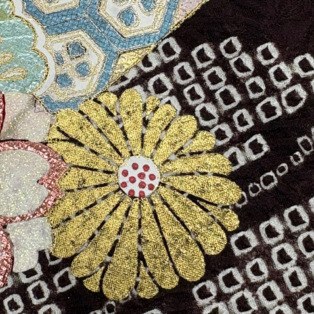 振袖禮服 身長160cm 袖長64.5cm M 雙層 鞠 草花紋 金絲 金銀彩 紅 純蠶絲 秀品級