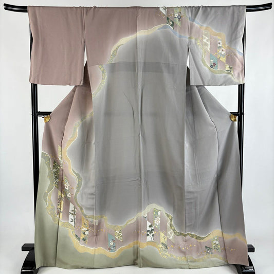 訪問服 身長168cm 袖長67cm M 雙層 草花紋紋 金金箔散佈 金銀彩 漸層 淺小豆色 純蠶絲 優品級