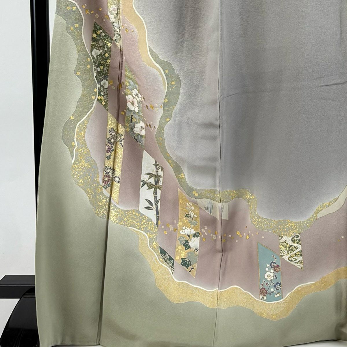 訪問服 身長168cm 袖長67cm M 雙層 草花紋紋 金金箔散佈 金銀彩 漸層 淺小豆色 純蠶絲 優品級