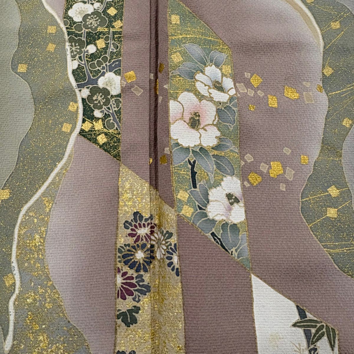 訪問服 身長168cm 袖長67cm M 雙層 草花紋紋 金金箔散佈 金銀彩 漸層 淺小豆色 純蠶絲 優品級