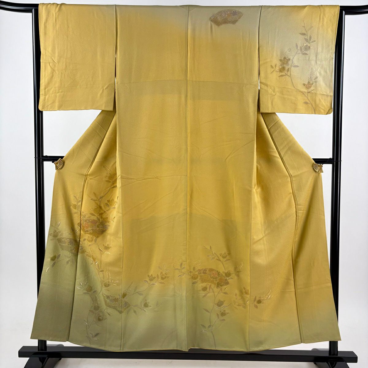 訪問服 身長155cm 袖長64cm M 雙層 橘色 扇子面刺繡 漸層 山吹茶 純蠶絲 秀品級